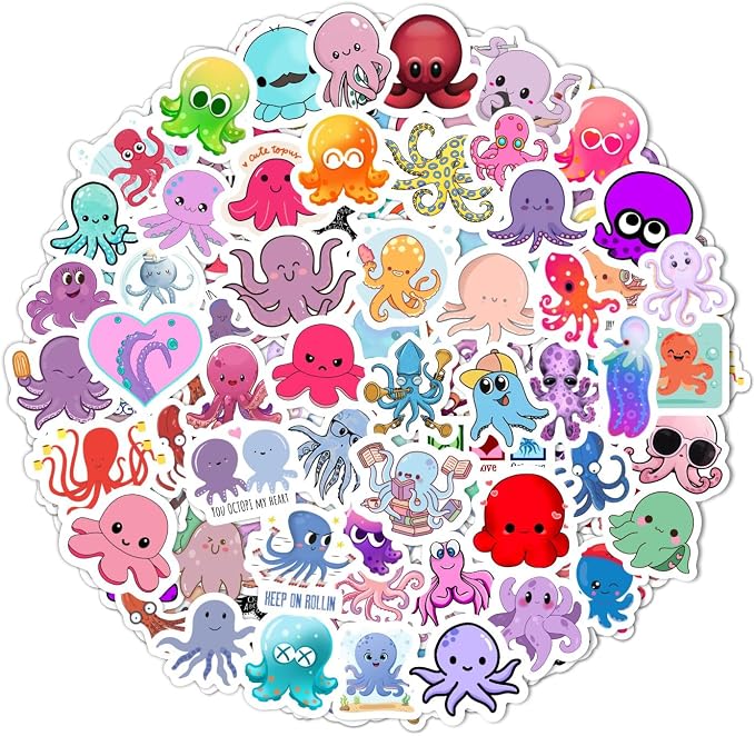 100Pcs Octopus Stickers for Water Bottle and Laptop - Marine Life Party Supplies & Decorations, Waterproof Vinyl Ocean Decals, Cute Octopus Stickers Laptop Decals, Gifts for Women & Men