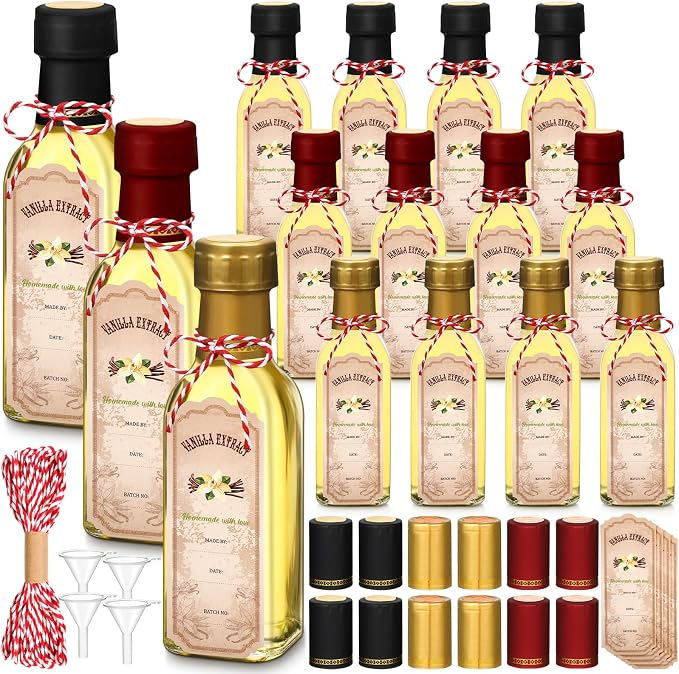Tioncy 12 Pcs Vanilla Extract Bottles for Homemade Vanilla Jar Glass Square Bottle with Cap Shrink Band Sticker Syrup Food Storage Canister for Liquids Bean Sauce Spice Gift Giving(Mixing,5 oz)