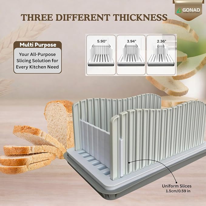 Bread Slicer for Homemade Bread, Adjustable Width Bread Loaf Slicer with Crumb Tray, Bread Bag & Silicone Mat, Foldable Bread Cutter for Even Slices for Loafs, Sandwiches, Bagels & Cakes