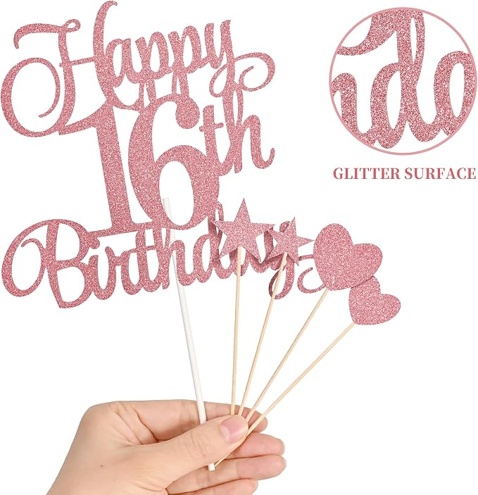16th Birthday Cake Decorations, 16th Birthday Candles Cake Numeral Candles and Glitter Happy 16th Birthday Cake Toppers Set for Birthday Party Supplies (Rose Gold)