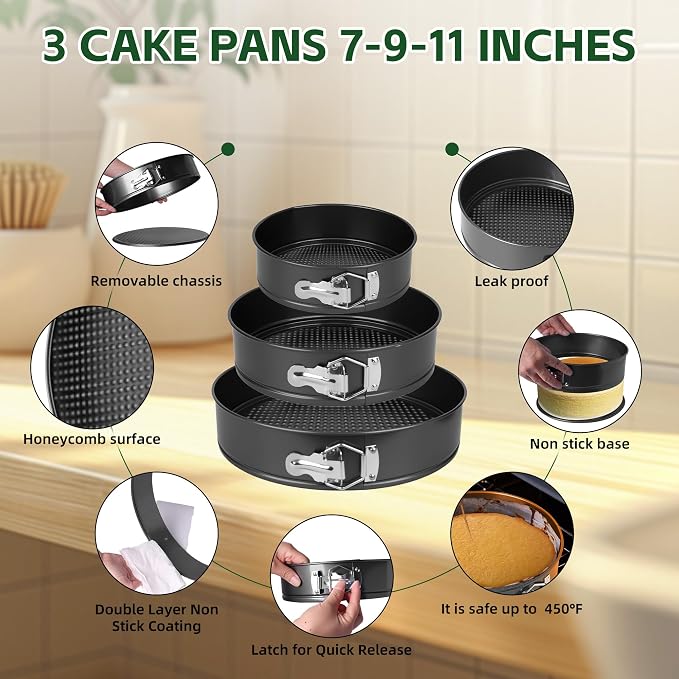 Springform Pan Set of 3 (7"/9"/11") - Non-Stick Cheesecake Pans with Removable Bottom, Round Baking Molds for Cheesecake, Pie, Desserts & More - Baking Bakeware Set