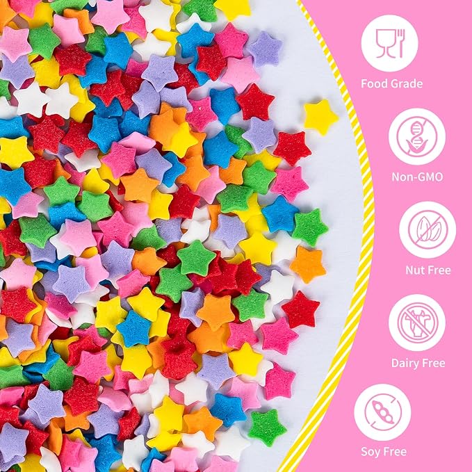 Edible Star Confetti Sprinkles,130g Rainbow Stars Sugar Sprinkle for Cake Decorations,Colorful Pentagram Shape Candy Baking Dessert Toppers,Cupcakes,Cookies,Ice Cream,Donuts,Perfect for Birthday Wedding Celebration Party Decorating Supplies