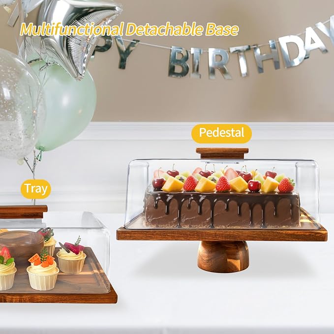 Acacia-Wood-Cake-Stand With Acrylic Lid, Rectangular Cake Plates Charcuterie Board With Cover, 2-in-1 Cake Holder With Dome，Dessert Table Display Stand For Cheese, Chips & Dips, Nachos, Fruit Platter