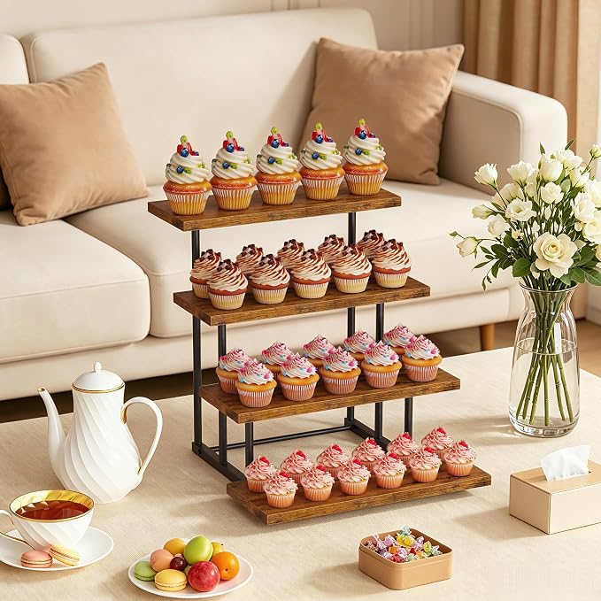Emfogo Wooden Cupcake Display Stand, 4 Tier Rectangular Tiered Dessert Stands, Cupcake Display Risers for Vendor Booth Dessert Table Party Wood Serving Tray for Cup Cake Cookie Food (1 Pack)