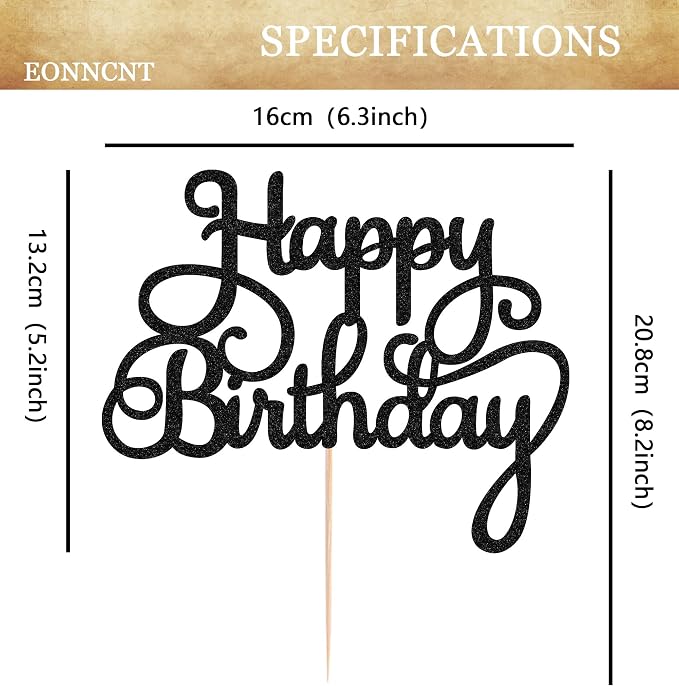 Happy Birthday Cake Topper - Black Glitter Birthday Party Cake Decoration Supplies, Photo Booth Props