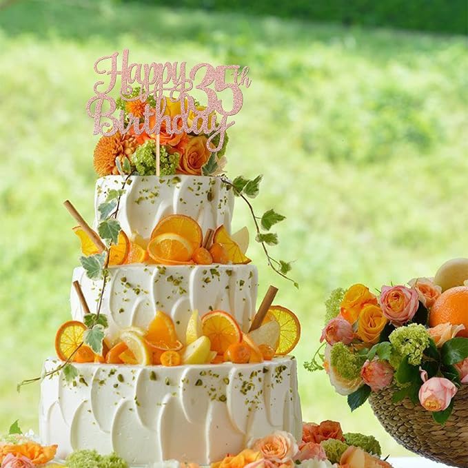 1 PCS Happy 35th Birthday Cake Topper Glitter Cheers to 35 Years Birthday Cake Pick 35 Fabulous Cake Decoration for Happy 35th Birthday Theme Party Decorations Supplies Rose Gold