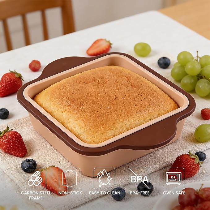 Nonstick Silicone Brownie Pan with Handles, Square Baking Pan for Brownies, Cake, Bread, Lasagna and Casserole, BPA Free, Easy Release and Easy Clean