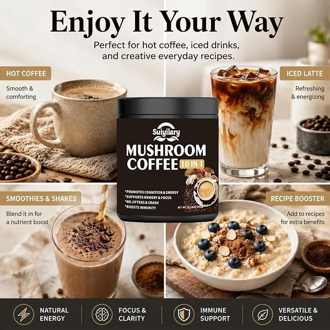 Suiyilary Mushroom Coffee, 10 Mushroom Extract Powder Blend Lion's Mane, Reishi, Chaga, Cordyceps, Turkey Tail, Brain Supplements with Instant Coffee for Energy, Focus, Memory and Immunity 300g