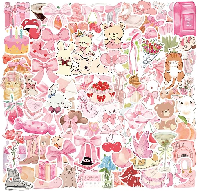 100 Pcs Coquette Stickers Pink Aesthetic Waterproof Vinyl Stickers Cute Pink Bow Sticker for Water Bottles Laptops Bike Car Motorcycle Computer Guitar Skateboard