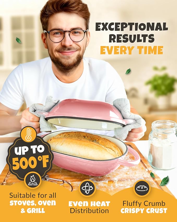 CRUSTLOVE Loaf Pan for Bread Baking - incl. Sourdough Bread-Baking Supplies like Banneton Bread-Proofing Basket - 2QT Enameled Oval Cast Iron Dutch Oven, Bread-Oven, Sour Dough Bread-Banking-Pan Tools
