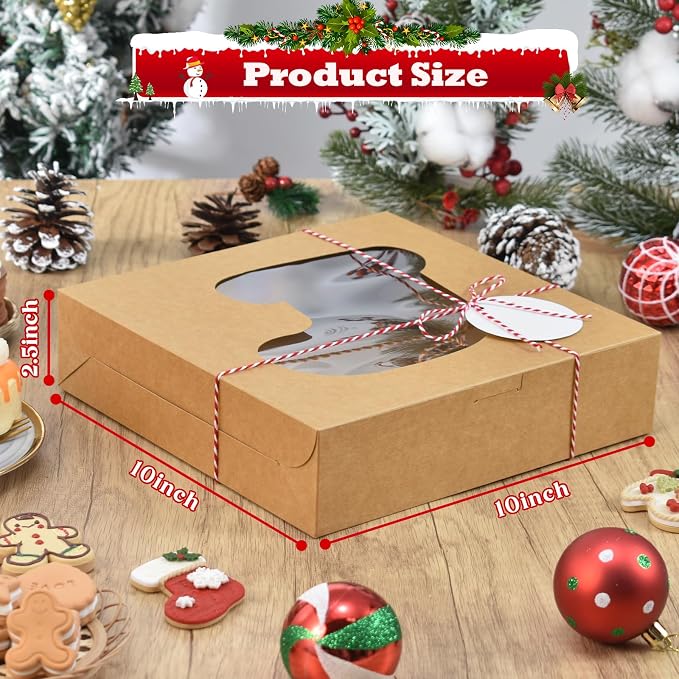 COTOPHER 18Pcs Christmas Cookie Boxes with Window, 10x10x2.5 inch Brown Bakery Boxes for Gift Giving, Kraft Treat Boxes Dessert Boxes for Cakes Donuts Chocolate Strawberries Pastries Muffins