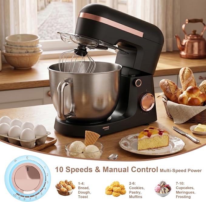 6.5 Qt 10-Speed Tilt-Head Stand Mixer with Dough Hook, Whisk, Beater & Splash Guard, Electric Kitchen Mixer for Baking, Cakes, Bread, and Home Cooking (Black)