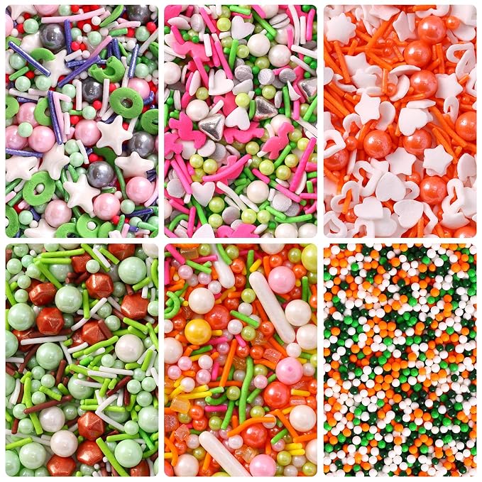 Easter Sprinkles for Cake Decorating, Cupcake, Cookies, Ice Cream Topper, 6 Packs Orange Sprinkles Green Sugar Pearls Candy, Six of assorted Sprinkles for Baking, Perfect for Easter Day Party
