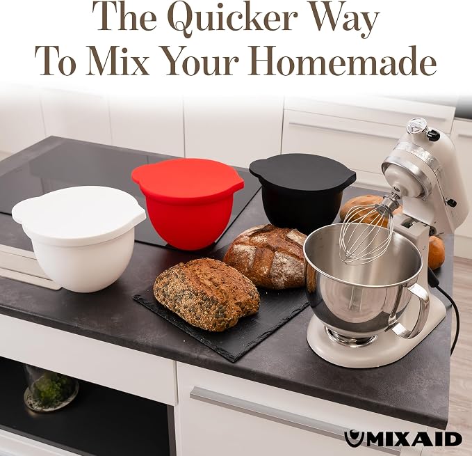 The Original MIXAID Silicone Bowl Insert Liners for KitchenAid Tilt-Head 5 Qt Stand Mixers - Replacement Mixer Accessories - Leak-Proof Design, Non-slip Base & Easy Clean - Set of 3 Liners & Lids