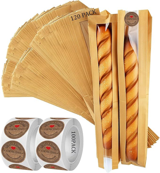 Bread Bags for Homemade Bread with 1000 Labels, 120-Pack 4.5 x 1.6 x 23.6 Inch Paper Bags for Bread with Clear Window, Bakery Gift Packaging for Baguette, Sourdough Storage