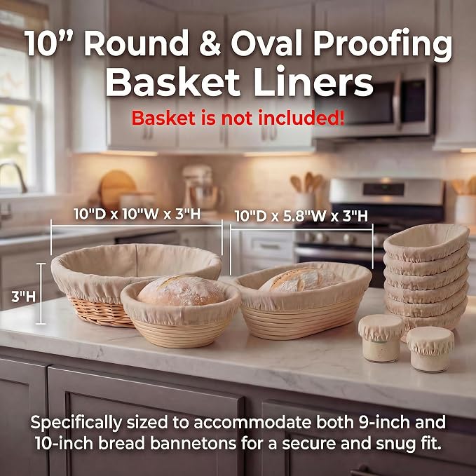 8 PCS Bread Proofing Basket Cloth Liner (3 Round & 3 Oval) & 2 Sourdough Starter Jar Covers, 10 Inch Banneton Basket Cover for Sourdough Baking, Reusable Dough Bowl Liner (Combo)