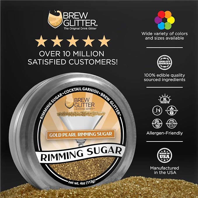 Brew Glitter - Gold Pearl Rimming Sugar (1LB, 1x Resealable Bag) Cocktail Garnish for Mixed Drinks & Refreshments