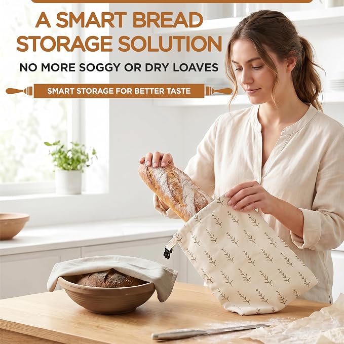 Pack of 2 XL Beeswax Bread Bags with 1 sordough Cloth, Zipper Reusable Cotton Linen Bread Bags for Homemade Bread Storage, Natural Beeswax Bread Bag, Freezer Safe Ecofriendly Bread Keeper