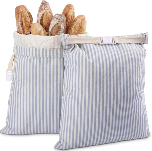 2 Pack Reusable Striped Bread Bags Set with Drawstring Cotton Linen Food Storage Bags for Homemade Bread & Sourdough 17"x 13" Lined Food Bag Cover Keep Loaves Fresh Longer(Blue Stripes)