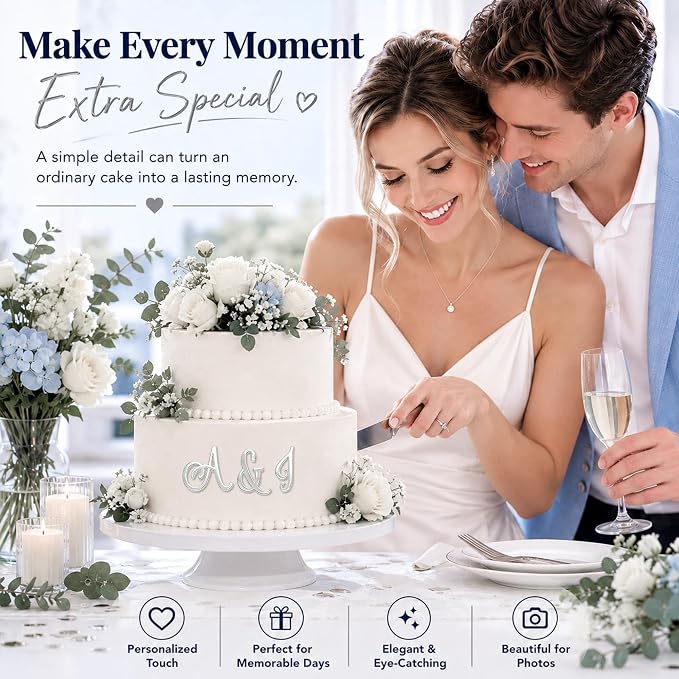 27PCS Silver Monogram Alphabet Cake Decor Set A–Z & Symbol Mirror Acrylic Decorative Letter Cake Decorations Personalized Initials for Wedding Anniversary Engagement Celebration