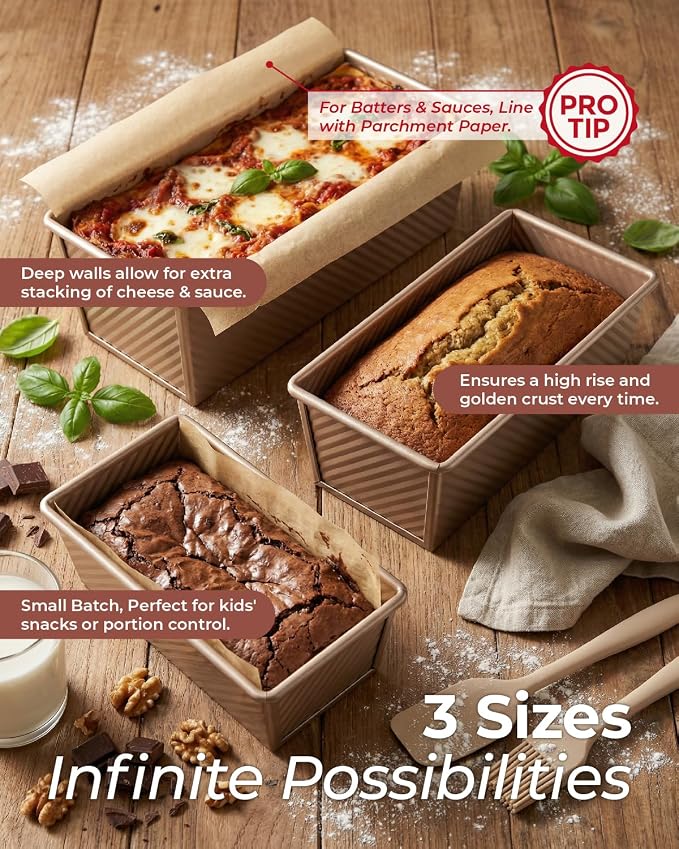 CARTMAN Bread Loaf Pan 2 Pack, 8x4 Pullman Loaf Pan with lid and a Silicone Spatula and Basting Pastry Brush, 1 lb Dough Capacity,Non-Stick Carbon Steel bread pans for homemade bread Champagne Gold