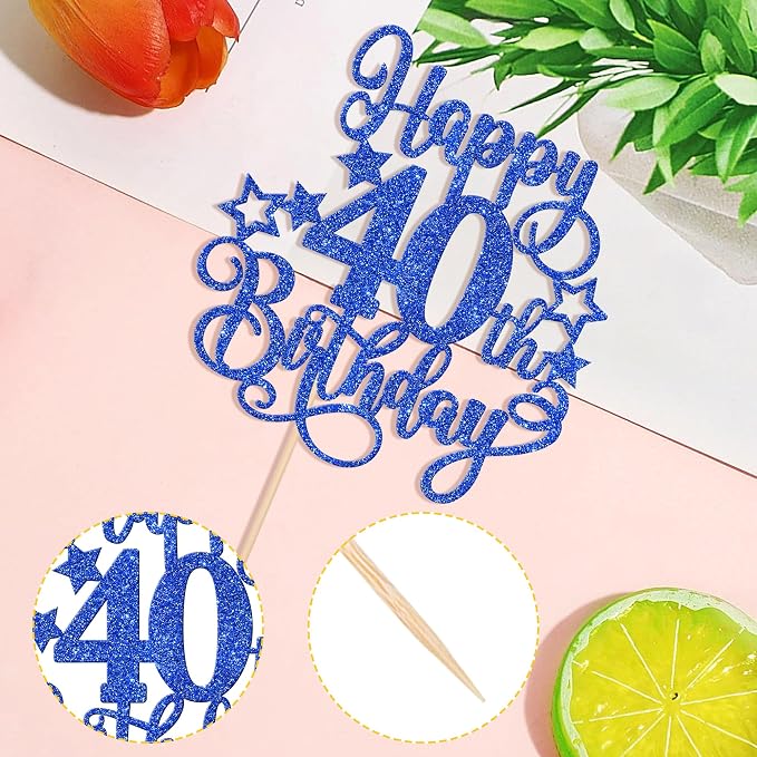 1 PCS Happy 40th Birthday Cake Topper Glitter Cheers to 40 Years Birthday Cake Pick Hello 40 Fabulous Cake Decoration for Happy 40th Birthday Anniversary Party Decorations Supplies Blue