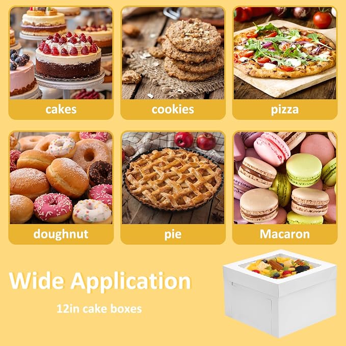 Moretoes 30 Pack Cake Boxes 12 Inch with Cake Boards (15 Boxes & 15 Boards), 12x12x8 Inch Carrier with Window for Cajas Pasteles, White Bakery Containers Disposable Boxes for Birthday, Party