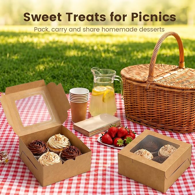 OAMCEG 50 PCS Cupcake Boxes with Window, 6x6x3 Inch Cookie Boxes, Bakery Treat Boxes for Pastry, Dessert, Chocolate Strawberries, Cupcake Containers, Gift Giving with Stickers & Twine （Brown）