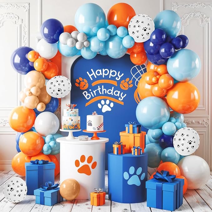 Orange Blue Beige Balloons Garland Kit, Navy Blue Light blue and orange Balloon Arch Kit with Dog Paw Printed Balloon, Orange Blue Apricot Balloons for Puppy Paw Themed Boy Birthday Party Decorations