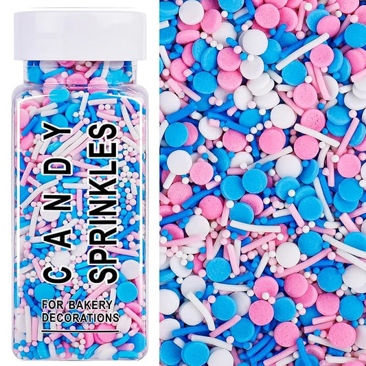 Pink Blue White Sprinkles for Cake Decorating, 4.6oz Pastel Sprinkles 3-Mix Nonpareils Confetti Jimmies for Cupcakes Ice Cream Dessert