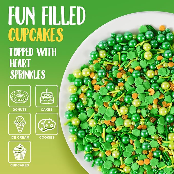 St. Patrick's Day Sprinkles for Cake Decorating, 7 oz Shamrock Green confetti Pearl Jimmies Nonpareil Mix - Sprinkles for Cupcakes, Ice Cream, Cookies, Baking Toppings - Wedding, Birthday Supplies