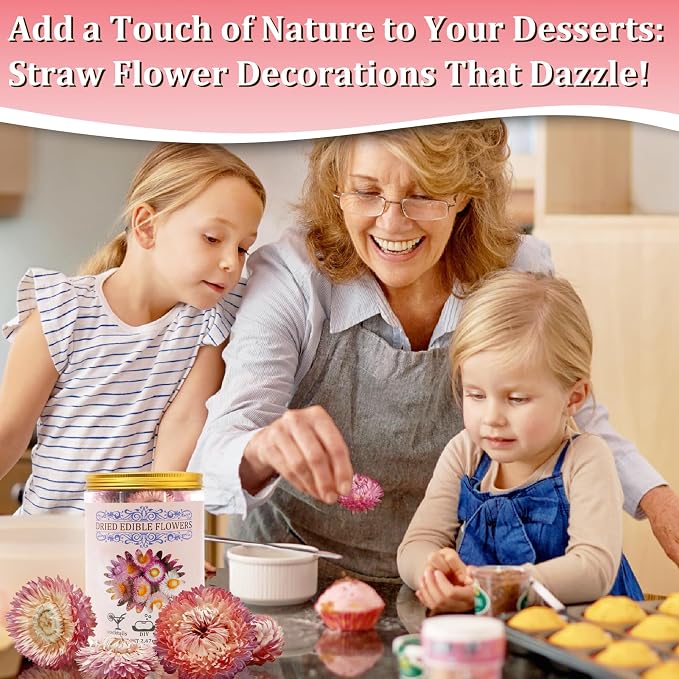 90+ Food Grade Pink Flowers for Cake and Cocktails Decorating – Culinary-Grade Dried Pink & White Strawflowers for Garnish, Baking, and Drink Toppers