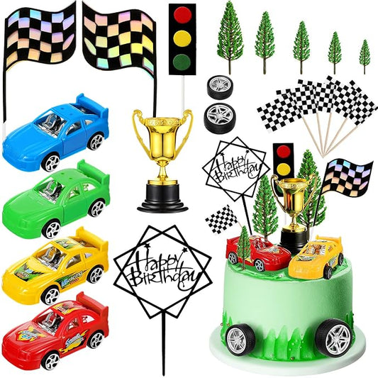 Yulejo 38 Pcs Racing Car Cake Topper with Race Cars Birthday Decorations Wheel Checkered Racing Flag Cupcake Topper Black Cake Race Cars Birthday Party Supplies Car Party Favor for Kid