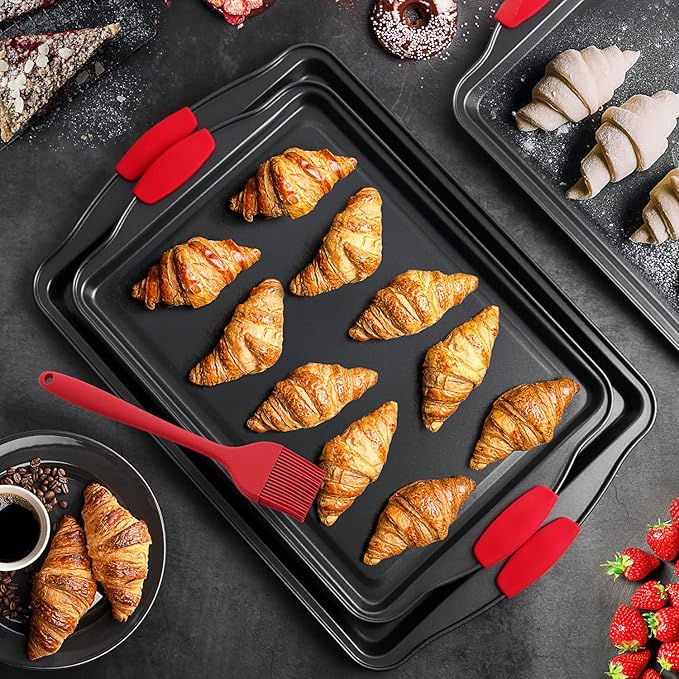 Eatex Nonstick Baking Sheet Set, 3-Piece Baking Pans Set with Silicone Handles, Carbon Steel Cookie Sheets for Baking, Commercial Grade Quality Oven Tray, Quarter/Jelly Roll/Half Sheet Pans for Baking
