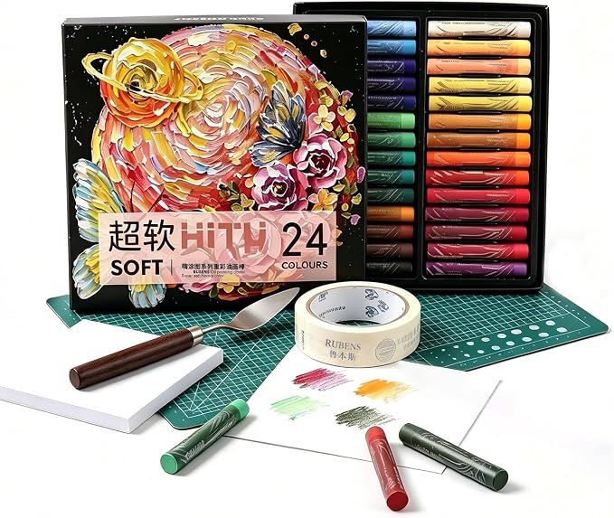 rubens 24 Soft Oil Pastels Set with 30 Sheets, Knife, Board, Tape for Beginners