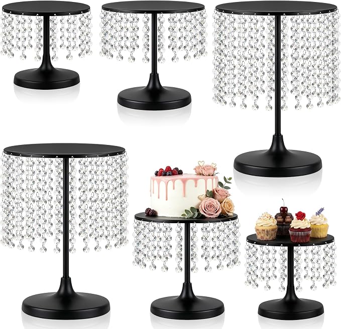 Metal Cake Stand Set with Crystal Pendants - Elegant Dessert Table Display for Weddings, Birthday Parties, Baby Showers, Events - Sturdy Crystal Bling Cupcake Stands for Pastries, Sweets, Decorations (Black, Set of 6)