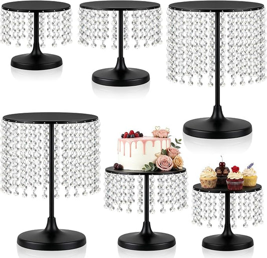 Metal Cake Stand Set with Crystal Pendants - Elegant Dessert Table Display for Weddings, Birthday Parties, Baby Showers, Events - Sturdy Crystal Bling Cupcake Stands for Pastries, Sweets, Decorations (Black, Set of 6)