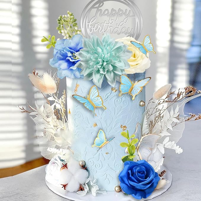 19 PCS Flower Cake Toppers Butterfly Cake Decorations Happy Birthday Cake Toppers with Artificial Blue Rose Flowers Eucalyptus Butterflies for Girls Birthday Party Wedding Baby Shower Supplies (Blue)