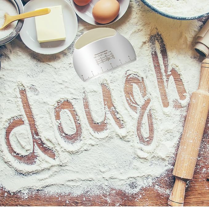 Professional Stainless Steel Dough Cutter and Scraper Combo - 2-in-1 Baking Tool for Bread, Pizza & Pastry | Multi-Use Bench Scraper with Kitchen Utensils Grip (Heavy Duty Dough Tool) (Silver/cream)