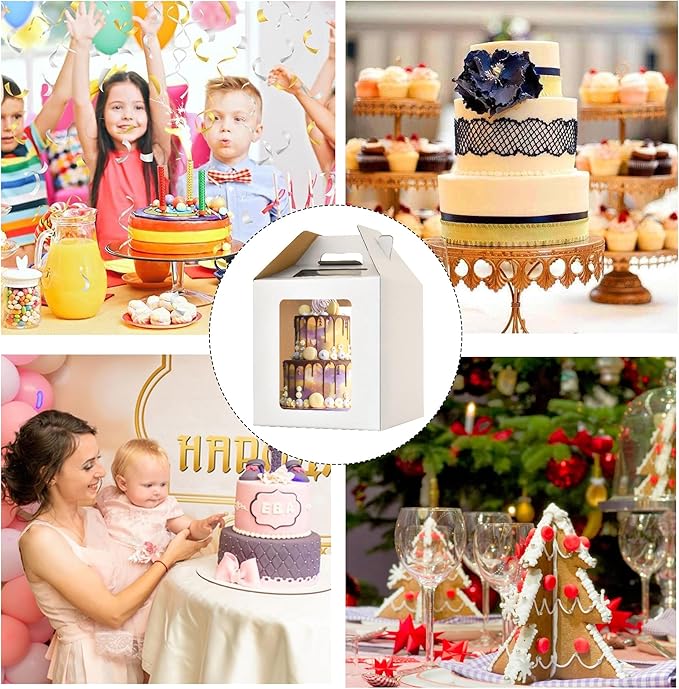 3 Pack 14x14x14 Inch Tall Cake Boxes for Tier Cakes, 12in 14in Large Tiered Cake Box,Disposable Layer Tall Baking Carrier with Window for Wedding, Birthday