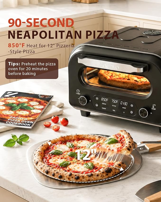 Countertop Electric Pizza Oven, 850°F, for Home Pizza Nights | 90-Second 12 Inch Pizza, PID Top & Bottom Temp Control, Dual Knobs for Time & Temp, Always-On Light