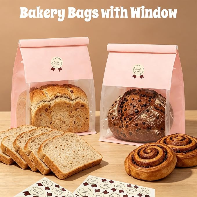 Funcoo 50 Paper Bread Bags with Tabs for Homemade Sourdough Bread, 8.7x4.3x11 Inches Pink Bakery Bread Bags with Window/Tin Tie Tab Lock, Large Bakery Loaf Bag for Baked Goods Packaging