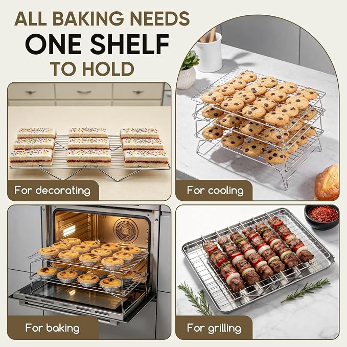 Herogo Cooling Rack, 2-Tier Stainless Steel Baking Rack for Cookies, Cupcakes, and Pastries, Collapsible Space-Saving Design, Dishwasher Safe, Ideal for Baking, Roasting, and Drying