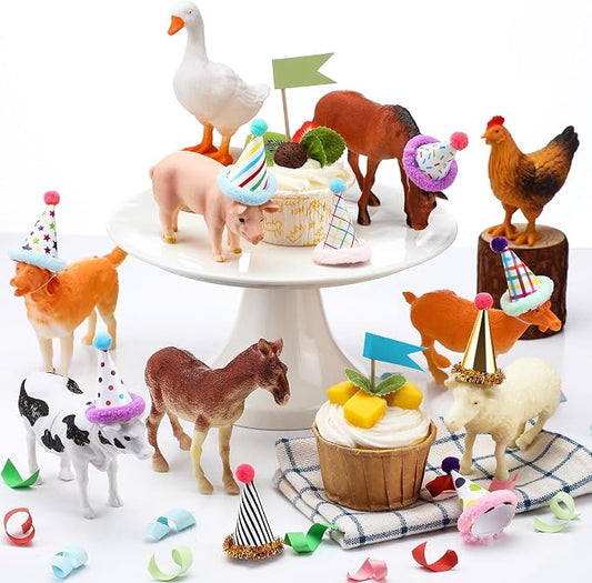Colingmill 18 Pcs Farm Animal Birthday Party Decorations Mini Birthday Hat Animal Figure Model Cake Toppers with Mini Hat for Birthday Party, Animals Themed Party