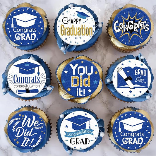 36PCS Edible Graduation Cap Cupcake Toppers Wafer Paper Grad Cap Diploma Cake Decorations Edible Grad Cap Cupcake Picks for 2026 Grad Theme Party Cake Decor Supplies (Blue)