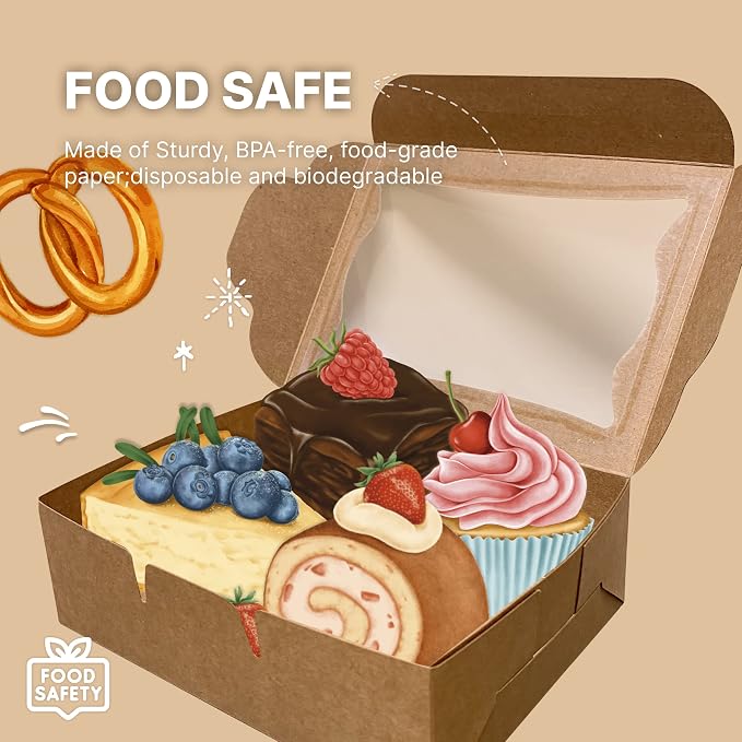 G GAMERIEND Kraft Paper Bakery Boxes - 12-Pack Pastry Boxes with Window for Cookies, Chocolate Covered Strawberries, Macarons, and Muffins, Dessert Disposable Packaging 8 x 6 x 2.5 Inches