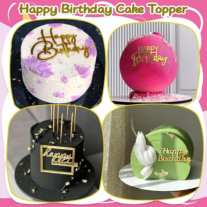 15Piece Gold Happy Birthday Cake Toppers Acrylic Mirror Inserts for Cakes Cupcakes Desserts 15 Styles (15pcs gold)