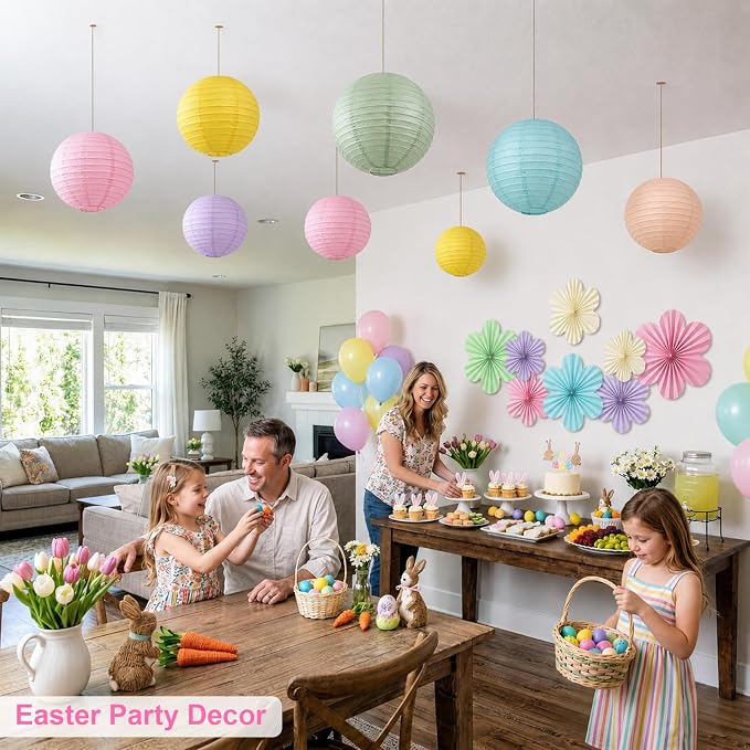 Peywot Pastel Classroom Decor - 18Pcs Flower Fans & Paper Lanterns for Classroom Ceiling Decorations, Birthday, Baby Shower & Pastel Rainbow Party Decor