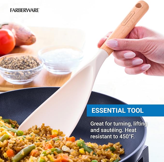 Farberware Multi Tool Scoop Spoonula with Beechwood Handle and Silicone Head, Heat-Resistant Kitchen Utensil for Serving, Stirring, and Turning - 11.5 Inches