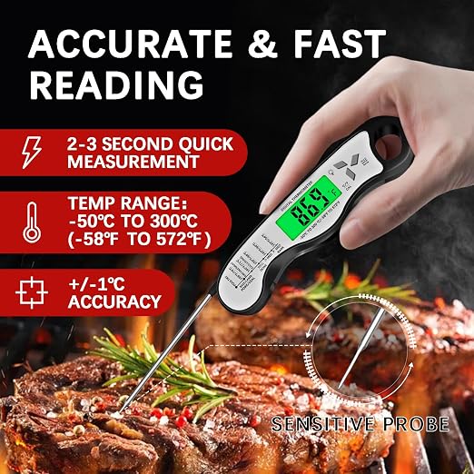 Meat Thermometer Digital，IP67 Waterproof Cooking Thermometer with Backlight, Calibration & Hold Function，Food Thermometer for Cooking,Outdoor Grilling